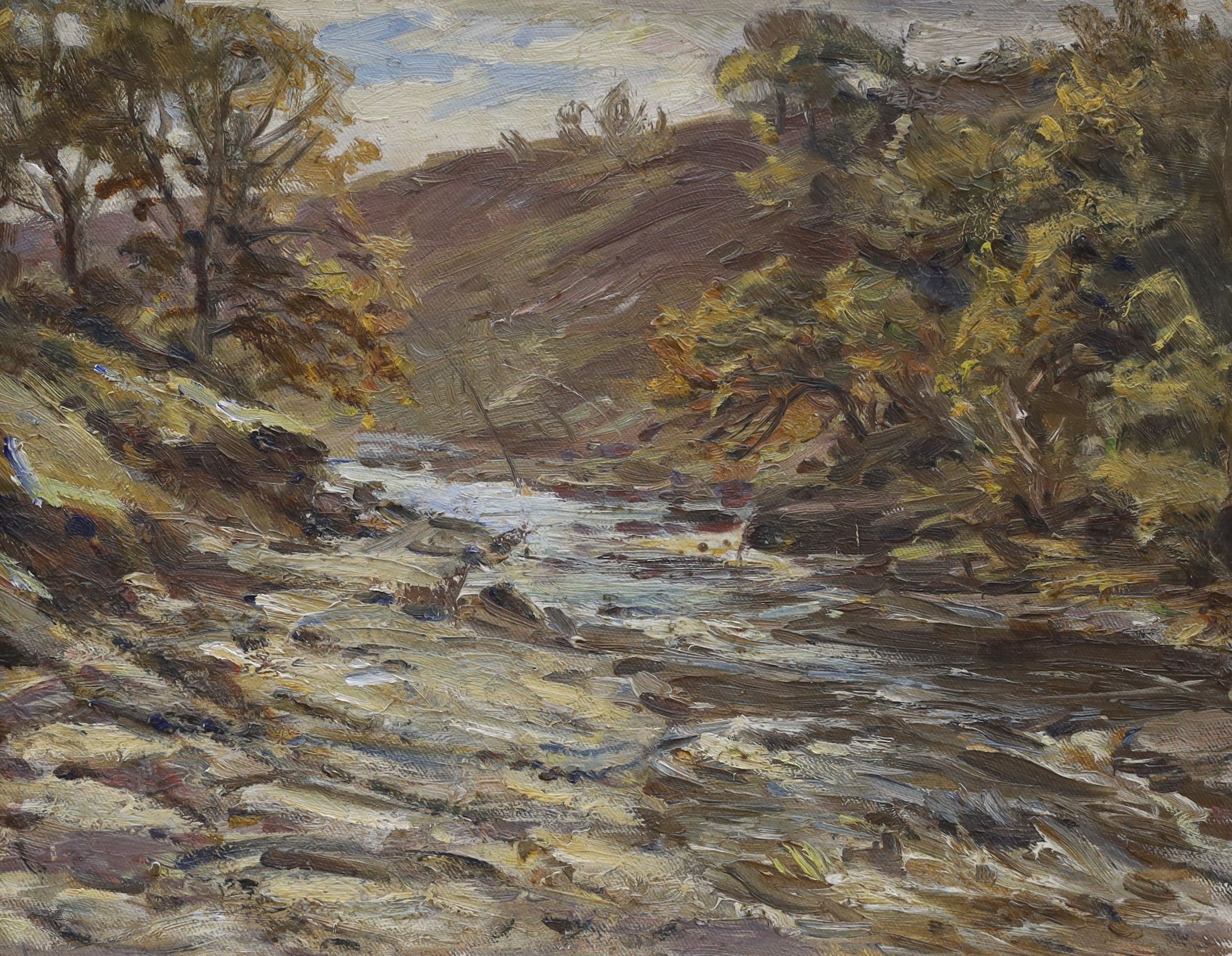 Hector Chalmers (1849-1943), two oils on canvas laid on card, 'On the Fenwick, Ayrshire' and 'On The Bearsden, Scotland', signed, 28 x 39cm, unframed